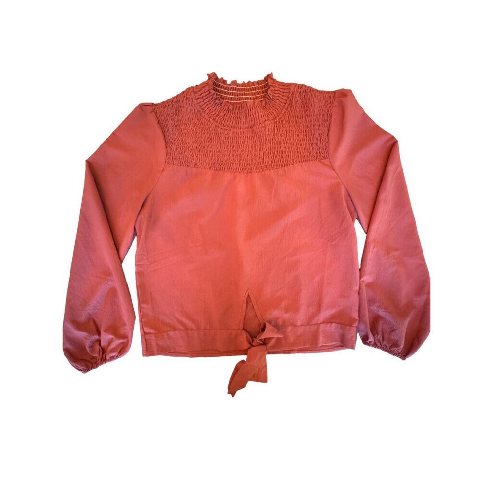 Hayden Los Angeles Smocked Blouse with Tie Hem, Rust Red, Size‎ Medium